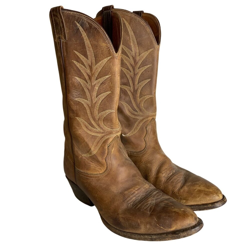 Vintage‎ Nocona Brown Leather Cowboy Boots With Embroidered Western Design  Size